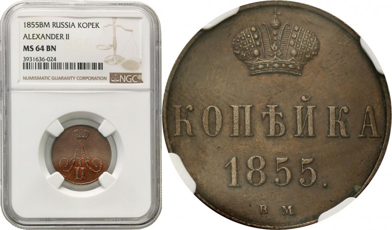 Poland XIX / Russia. 1 Kopek (kopeck) 1855 BM, Warsaw NGC MS64 BN (2 MAX) 
Aw.:...