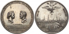Russia. Alexander l.Medal for the 100th anniversary of rule over Riga C. Leberecht 
Aw.: Zwrócone ku sobie profile Piotra I i Aleksandra IRw.: Panora...