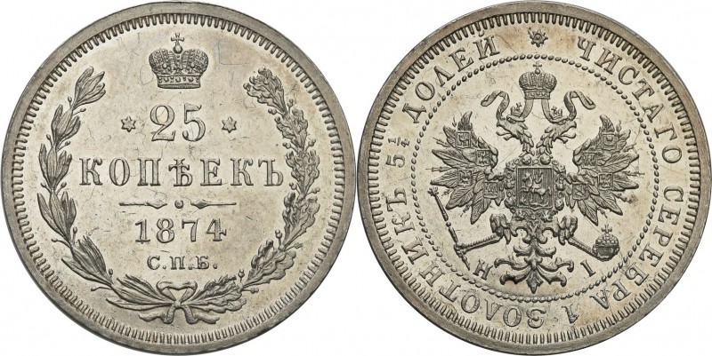 Russia. Alexander ll. 25 Kopek (kopeck) 1874 HI, Petersburg RARE 
Aw.: Dwugłowy...