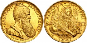 Albania. 20 Francs (franga) 1927 V 
Rzadka moneta. Piękny, menniczy egzemplarz.Friedberg 6
Waga/Weight: 6,44 g Au Metal: Średnica/diameter: 21 mm
S...