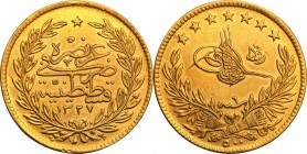 Turkey. 500 Kurush 1327(6) AM = 1915 AD 
Turcja. Mahmed V (1909-1918). Rzadsza moneta.Piękny, menniczy egzemplarz.
Waga/Weight: 35,92 g Au Metal: Śr...