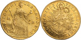 Hungary. Maria Teresa Ducat (Dukaten) 1763 KB-Kremnica (Kremnitz) 
Resztki połysku, przetarty.Friedberg: 180
Waga/Weight: 3,48 g Au Metal: Średnica/...