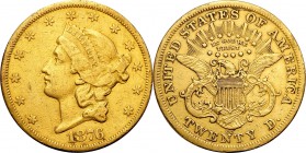 United States. 20 $ (dollars) 1876 CC, Carson City RARE 
Monety wybite w mennicy Carson City są zazwyczaj znacznie rzadsze od monet wybitych w pozost...