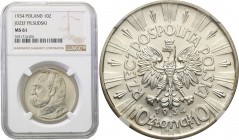 II RP. 10 zlotych 1934 Pilsudski NGC MS61 
Rzadka moneta obiegowa w doskonałym stanie zachowania. Menniczy egzemplarz, połysk na całej powierzchni, d...