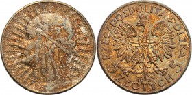 II RP. 5 zlotych 1932 głowa kobiety, with mint mark Rare! 
Jedna z najrzadszych monet II RP. Odmiana ze znakiem menniczy przy szponach orła. Piękny e...