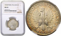 II RP. 2 zlote 1924 Paris NGC MS65 (MAX) RARE 
Najwyższa nota gradingowa na świecie. Idealnie zachowana moneta z intensywnym połyskiem menniczym i pi...