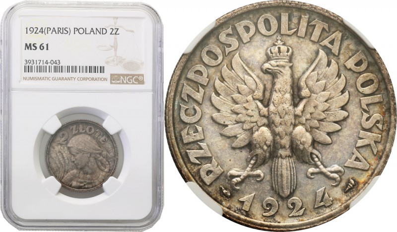 II RP. 2 zlote 1924, Paris NGC MS61 
Moneta z piękną, wiekową patyną i zachowan...