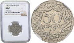 II RP. 50 groszy (groschen) 1923 NGC MS63 
Piękny egzemplarz, intensywny połysk menniczy i wspaniale zachowane detale. Rzadsza moneta w takim stanie ...