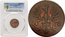 II RP. PROBE bronze 50 Mark 1923, kobieta z kłosami PCGS SP62 BN (2 MAX) 
Moneta wybita w brązie w nakładzie 120 egzemplarzy. Druga najwyższa nota gr...