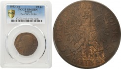 II RP. PROBE bronze 5 zlotych 1933 głowa kobiety PCGS SP63 BN (2 MAX) 
Druga najwyższa nota gradingowa na świecie. Na rewersie wypukły napis PRÓBA. R...