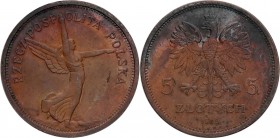 II RP. PROBE copper 5 zlotych NIKE 1928 with mint mark UNIQUE 
Ekstremalnie rzadka moneta wybita stemplem płytkim w miedzi w menniczy warszawskiej. N...