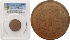 II RP. PROBE copper 1 zloty 1928 PCGS SP62 BN (2 MAX) RARE 
Ekstremalnie rzadka moneta próbna wybita w nakładzie zaledwie 5 sztuk. Druga nota grading...