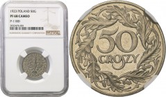 II RP. PROBE 50 groszy (groschen) 1923 PROOF NGC PF68 CAMEO (MAX) - nakład 10 egzemplarzy! 
Dużej rzadkości moneta próbna wybita stemplem lustrzanym ...