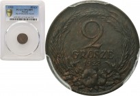 II RP. PROBE bronze 2 grosze 1923 without inscription PCGS SP63 BN (2 MAX) 
Dużej rzadkości moneta wybita specjalnie przygotowanym stemplem w nakładz...