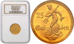 Danzig. 25 gulden 1930 NGC MS65 
Egzemplarz rzadkiej złotej międzywojennej monety wybitej w nakładzie 4000 egzemplarzy. Wysoka nota gradingu. Wyśmien...