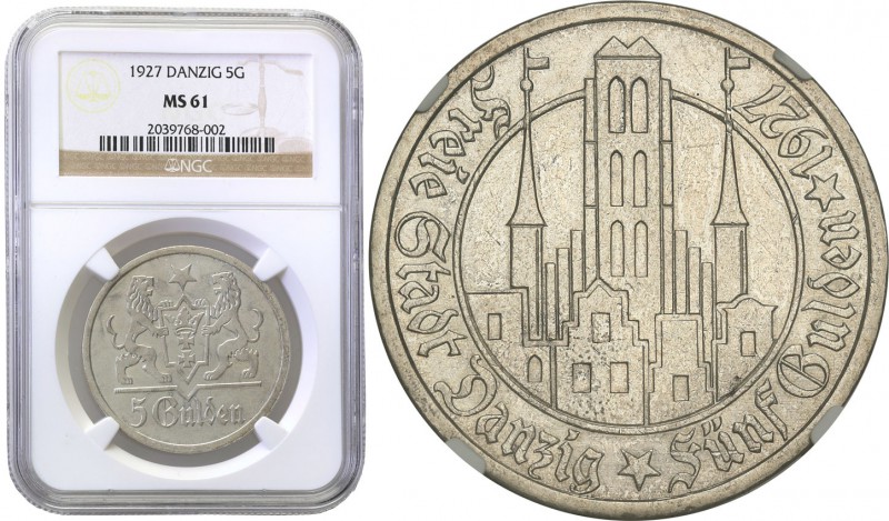 Danzig. 5 gulden 1927 Church NGC MS61 
Bardzo rzadki rocznik sporadycznie pojaw...