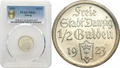 Danzig. 1/2 Guldena 1923 PROOF PCGS PR66 (2 MAX) RARE 
Ekstremalnie wysoka nota gradingowa – Druga najwyższa na świecie. Idealnie zachowana moneta wy...