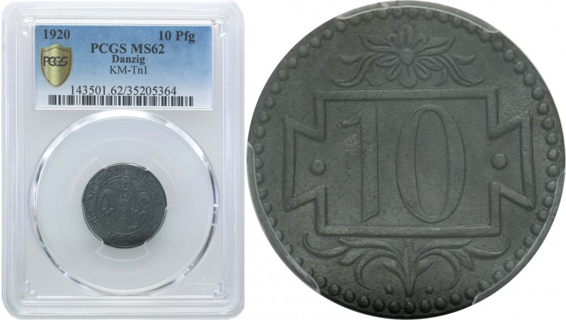 Danzig. 10 Pfennig 1920 small digit/hybryda PCGS MS62 
Hybryda. Bogatsze ozdobn...