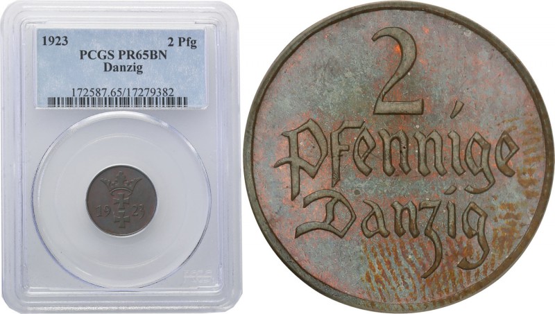 Danzig. 2 fenigi 1923, PROOF, PCGS PR65 BN (MAX) RARE 
Najwyższa nota gradingow...