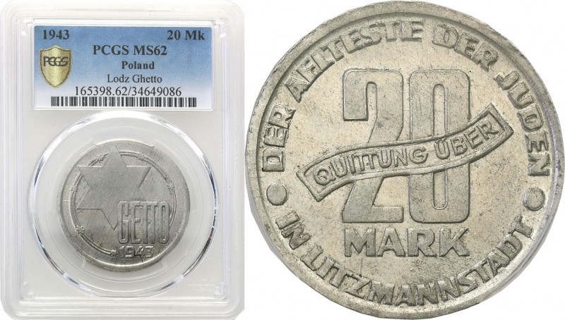 Ghetto Lodz (Litzmannstadt). 20 Mark 1943, aluminum PCGS MS62 (2 MAX) 
Druga na...