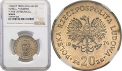 PRL. PROBE copper-nickel 20 zlotych 1974 Marceli Nowotko NGC MS65 (MAX) 
Wypukły napis PRÓBA na rewersie. Wcześniej określana jako nieznany nakład, o...