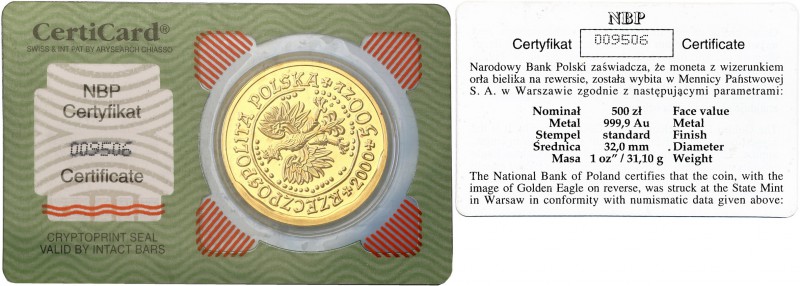 III RP. 500 zlotych 2000 Orze Bielik 1 Ounce of Gold 
Najrzadsza moneta z serii...