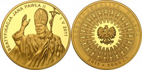 III RP. 1000 zlotych 2011 Pope John Paul II Beatification- 3 gold ounces 
Duża złota moneta z Janem Pawłem II. Nakład zaledwie 500 sztuk.Menniczy egz...