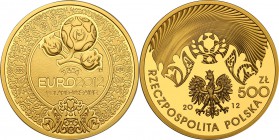 III RP. 500 zlotych 2012 Euro Football 2012 - 2 gold ounces 
Menniczy egzemplarz. Stempel lustrzany. Nakład 1000 sztuk.Moneta w eleganckim, drewniany...