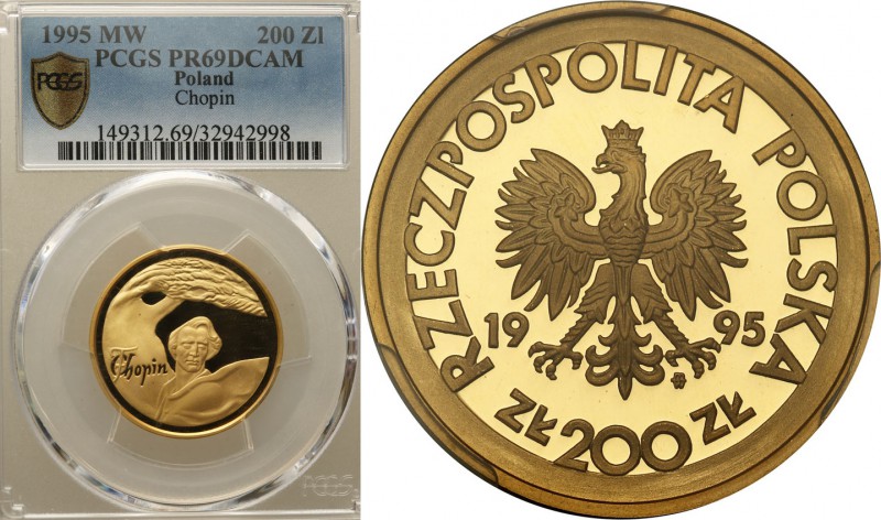 III RP. 200 zlotych 1995 Konkurs Chopinowski - F. Chopin PCGS PR69 DCAM 
Najrza...