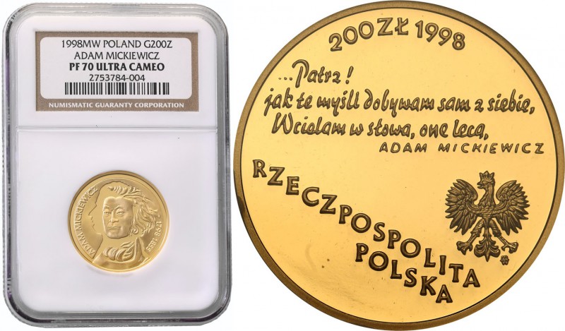 III RP. 200 zlotych 1998 Adam Mickiewicz NGC PF70 ULTRA CAMEO (MAX) 
Piękny men...