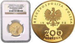 III RP. 200 zlotych 1998 Pope John Paul II - XX lat Pontyfikatu NGC PF69 ULTRA CAMEO (2 MAX) 
Idealnie zachowana moneta w gradingu z bardzo wysoką no...