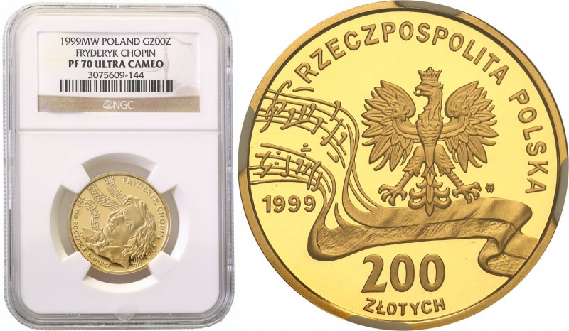 III RP. 200 zlotych 1999 Fryderyk Chopin - 150. Rocznica Śmierci NGC PF70 ULTRA ...
