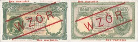 SPECIMEN 5000 zlotych 1919 Kosciuszko seria A 
5000 złotych z 28.02.1919, czerwony.Seria A, numeracja 268421, ukośny obustronny nadruk WZÓR, na margi...