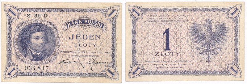1 zloty 1919 Kosciuszko seria s.32 D 
Seria typu drugiego, numeracja 034,817.Pi...