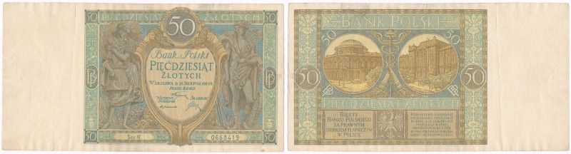 50 zlotych 1925 seria W 
Banknot, złamany trzykrotnie w pionie, ale o ładnej pr...
