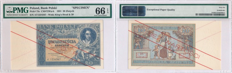 SPECIMEN 20 zlotych 1931 seria AT PMG 66 EPQ (MAX) 
20 złotych 20.06.1931, seri...