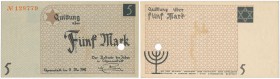 Ghetto Lodz (Litzmannstadt). Banknote 5 Mark 1940 MINT ERROR 
Numerator typu I, pierwsza emisja, papier kartonowy, perforacja o średnicy 6mm, destruk...