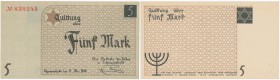 Ghetto Lodz (Litzmannstadt). Banknote 5 Mark 1940 
Późniejsza emisja, bez oznaczenia serii, bez znaku wodnego, numeracja 6-cio cyfrowa, numerator typ...