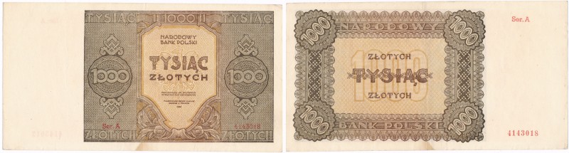 Banknote. 1000 zlotych 1945 seria A 
Bardzo rzadki i poszukiwany banknot w każd...