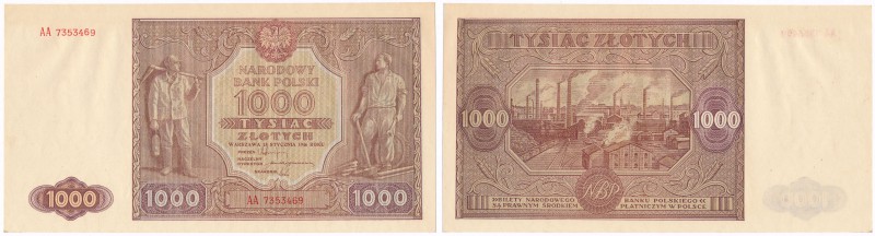 Banknote. 1000 zlotych 1946 seria AA 
Rzadka i poszukiwana seria. Wyśmienity eg...