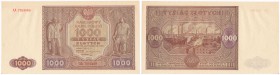 Banknote. 1000 zlotych 1946 seria AA 
Rzadka i poszukiwana seria. Wyśmienity egzemplarz.Sztywny papier, minimalne zagięty róg.Lucow 1171f (R5); Miłcz...