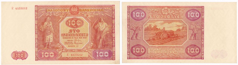 Banknote. 100 zlotych 1946 seria R 
Sztywny papier bez zagnieceń, minimalne prz...