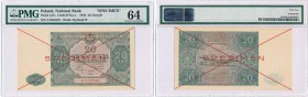 SPECIMEN 20 zlotych 1946 seria A PMG 64 
Wzór banknotu 20 złotych 15.05.1946, seria A, numeracja 1234567. Bardzo wysoka nota gradingowa. Czerwony nad...