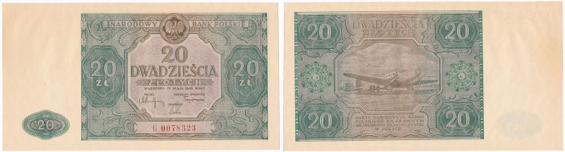 Banknote. 20 zlotych 1946 seria G 
Druk w kolorze zielono-różowym.Wspaniale zac...
