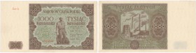 1000 zlotych 1947 seria A 
Sztywny papier, złamanie w pionie, zaokrąglone rogi. Piękny egzemplarz. Bardzo dobra prezencja.Lucow 1235 (R4); Miłczak 13...