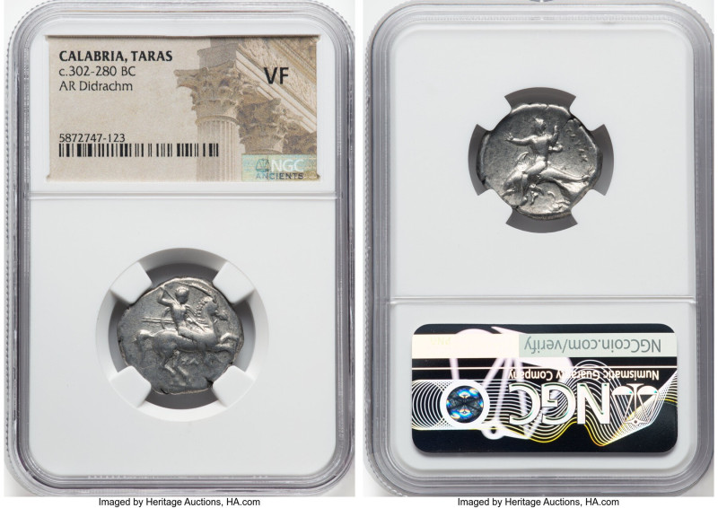 CALABRIA. Tarentum. Ca. 302-281 BC. AR didrachm (21mm, 6h). NGC VF. Ca. 332-302 ...