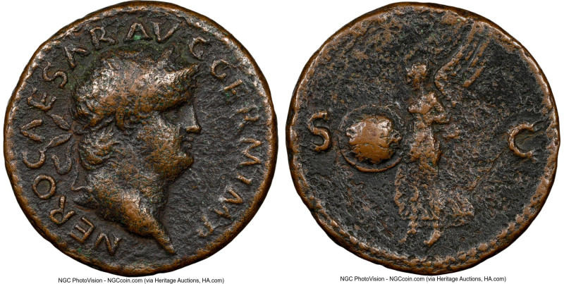 Nero, as Augustus (AD 54-68). AE as (26mm, 6h). NGC Fine. Rome, AD 65. NERO CAES...