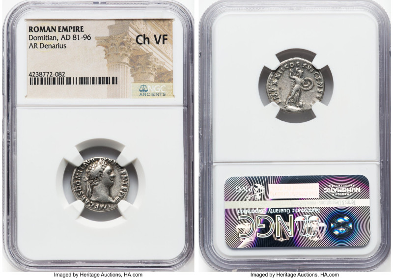 Domitian, as Augustus (AD 81-96). AR denarius (18mm, 7hs. NGC Choice VF. Rome, 1...