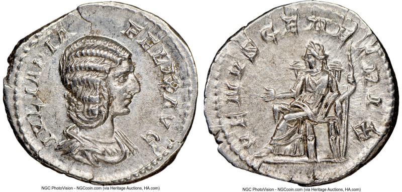 Julia Domna (AD 193-217). AR denarius (19mm, 7h). NGC Choice AU. Rome, ca. AD 21...