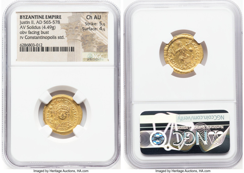 Justin II (AD 565-578). AV solidus (20mm, 4.49 gm, 5h). NGC Choice AU 5/5 - 4/5....